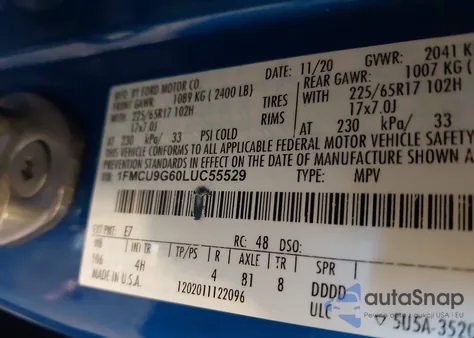 2020 Ford Escape Se from USA, damaged, VIN 1FMCU9G60LUC55529